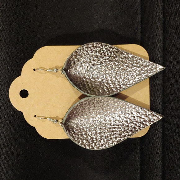 Silver Metallic Leather Earrings - Picture 1 of 2